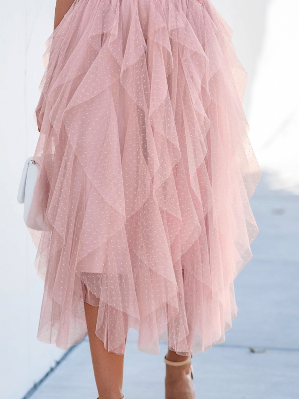 Dusty Pink Ruffled Tulle Midi Skirt
